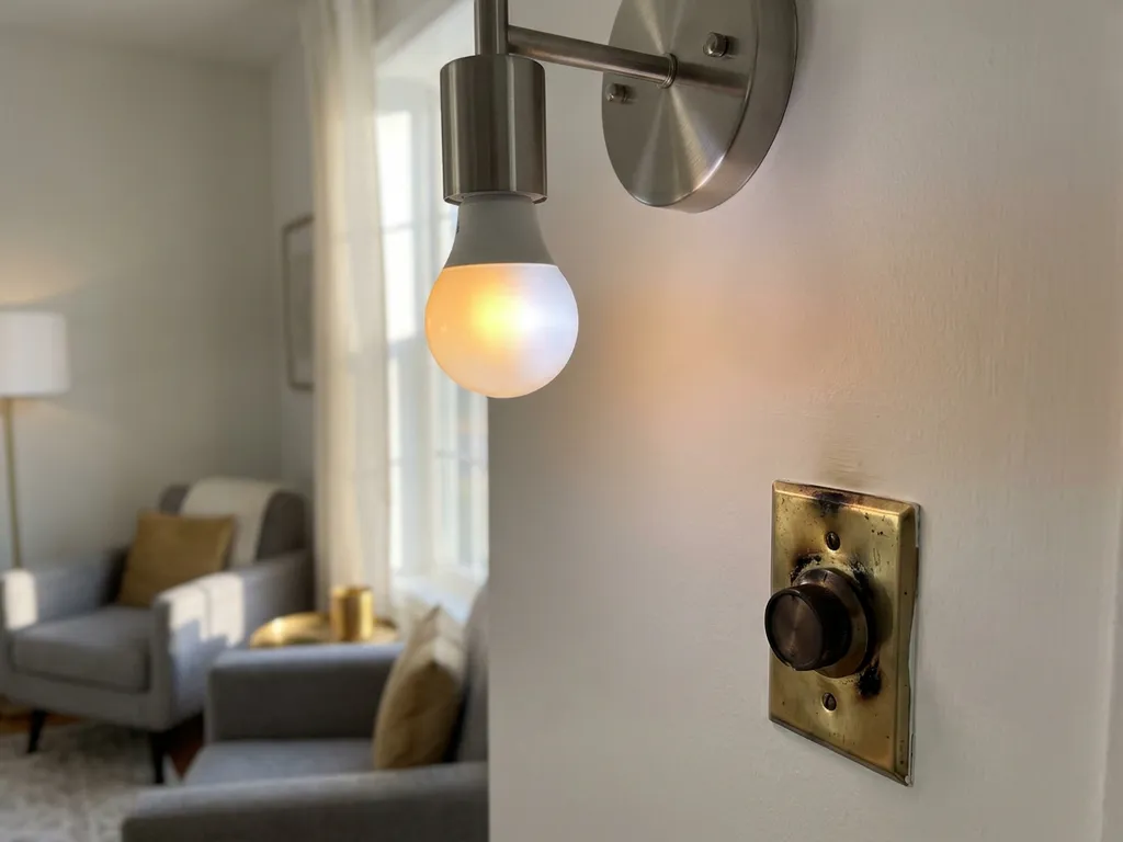 LED-lamp die onregelmatig flikkert in plafondarmatuur, veroorzaakt door incompatibele roterende dimmer op witte muur.