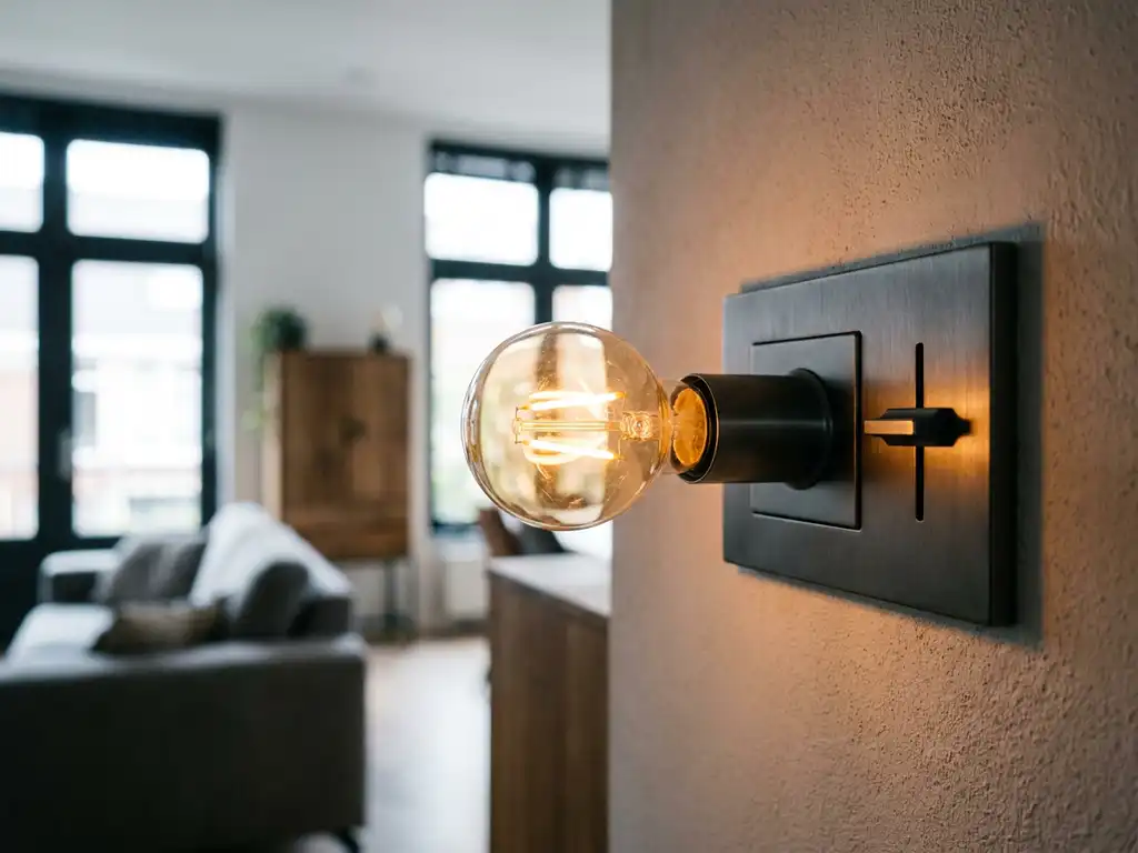 LED-lamp met warme gloed flikkert in dimmer schakelaar, modern Nederlands interieur op de achtergrond.