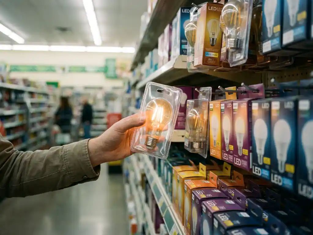 Hand die een LED-lamp oppakt in een discountwinkel, met kleurrijke verpakkingen van energiezuinige ledlampen op de achtergrond.