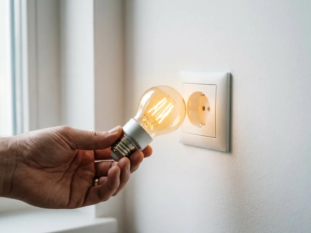 LED-lamp met warm goudkleurig licht gehouden naast een Europees stopcontact tegen een witte muur.