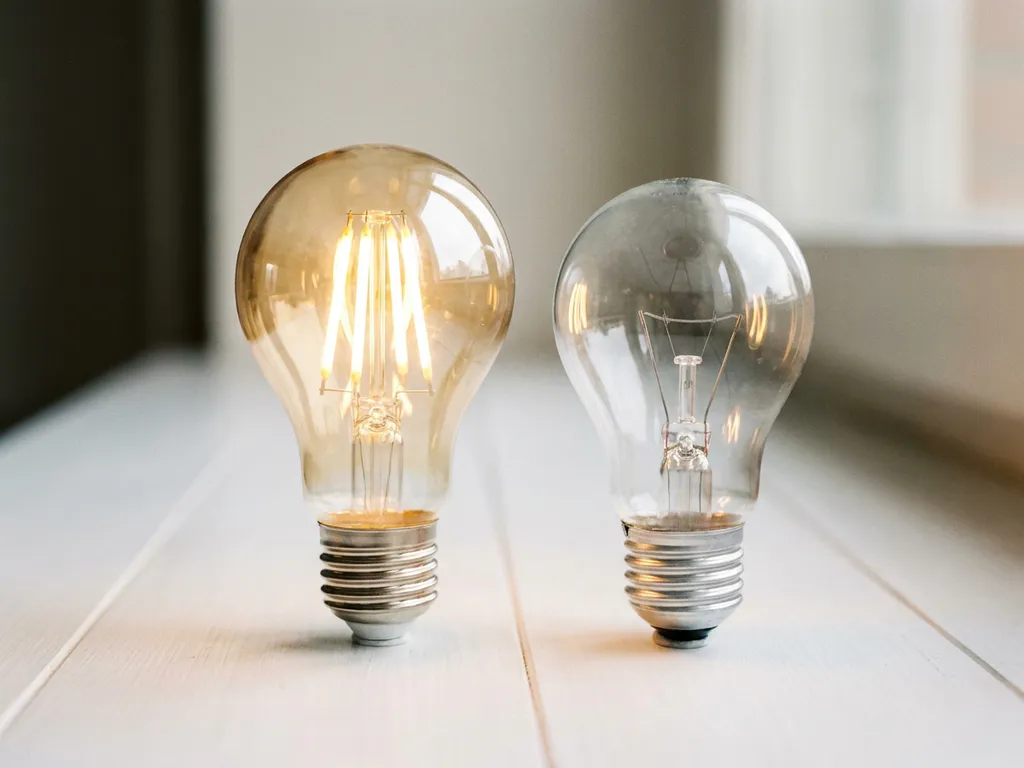 Gloeiende LED-lamp naast een traditionele gloeilamp op wit oppervlak, warm gouden licht contrasteert met helder glas.