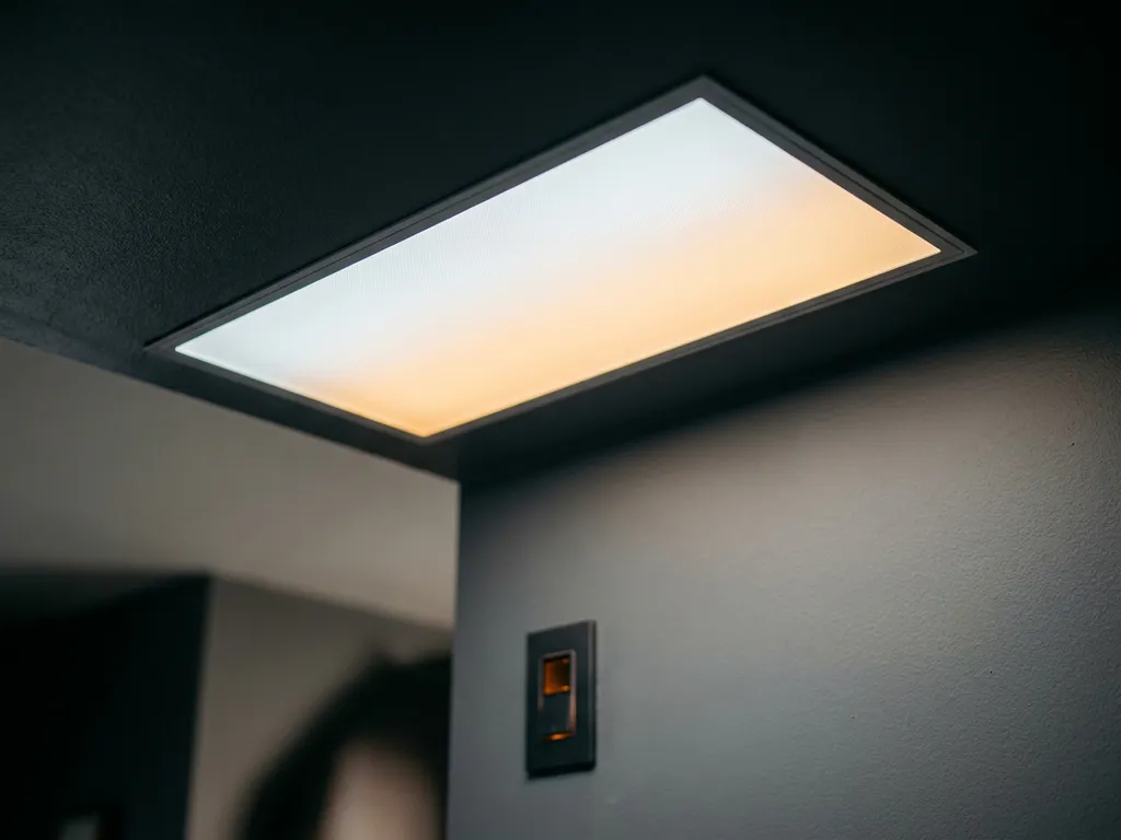 LED paneel lamp aan donker plafond met kleurovergang van helder wit naar warm amber, digitale dimschakelaar op grijze muur.