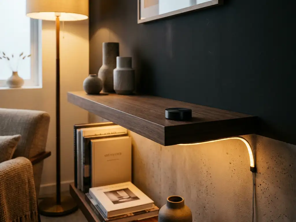 LED-strip met warm amber licht onder zwevende plank, draadloze dimmer op plank, donkere muren met gouden lichtaccenten.