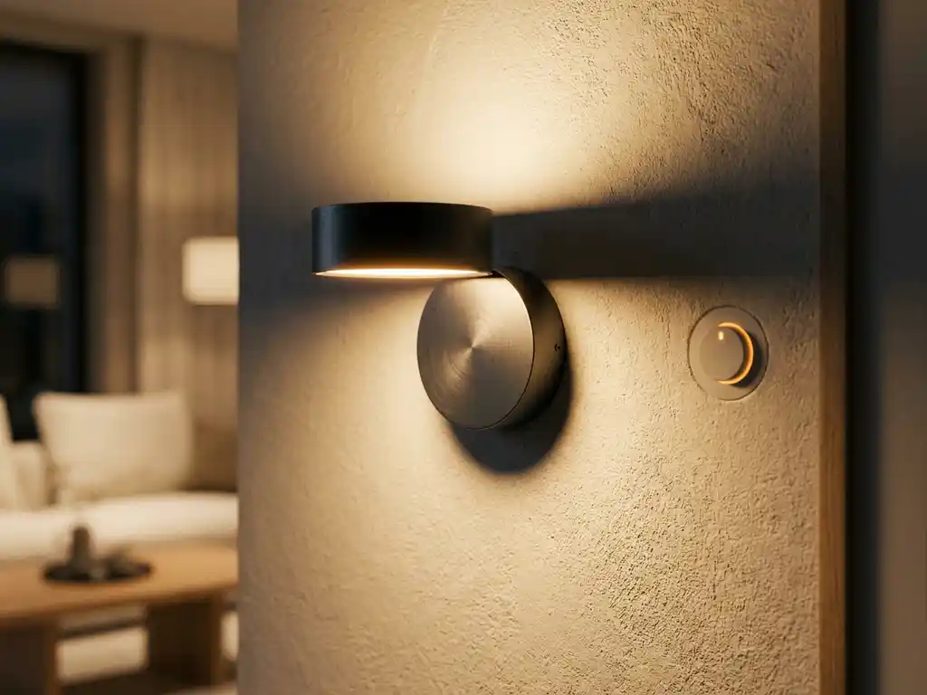 LED wandlamp met warme ambergloed op gestructureerde pleisterwand, digitale dimschakelaar ernaast, intieme sfeerverlichting in moderne woonkamer.