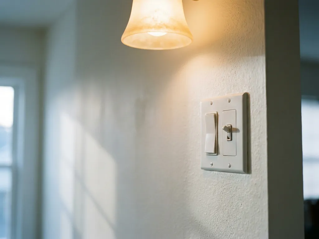 Witte dubbele lichtschakelaar aan muur in moderne hal met warm gloeiende plafondlamp en zachte binnenverlichting.