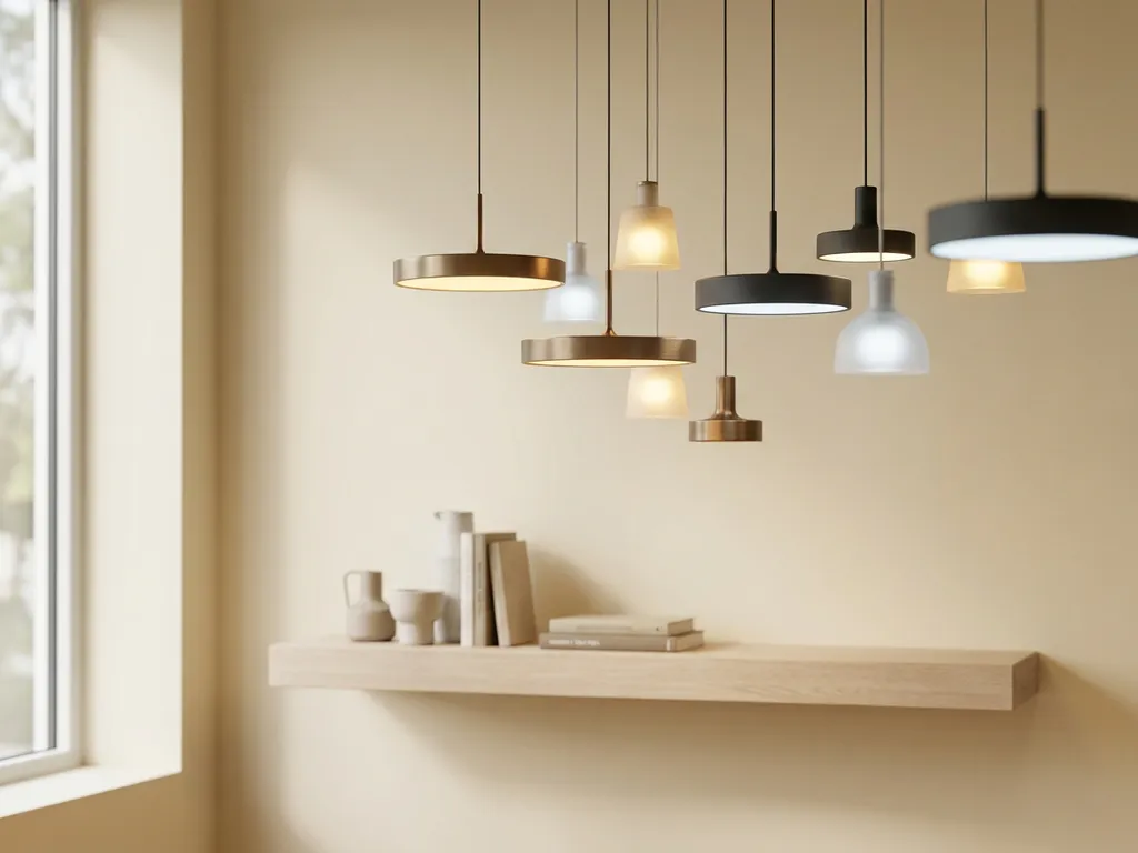Moderne LED hanglampen met warm wit licht boven minimalistische plank, geborsteld metaal en mat zwart, crèmekleurige muren op de achtergrond.