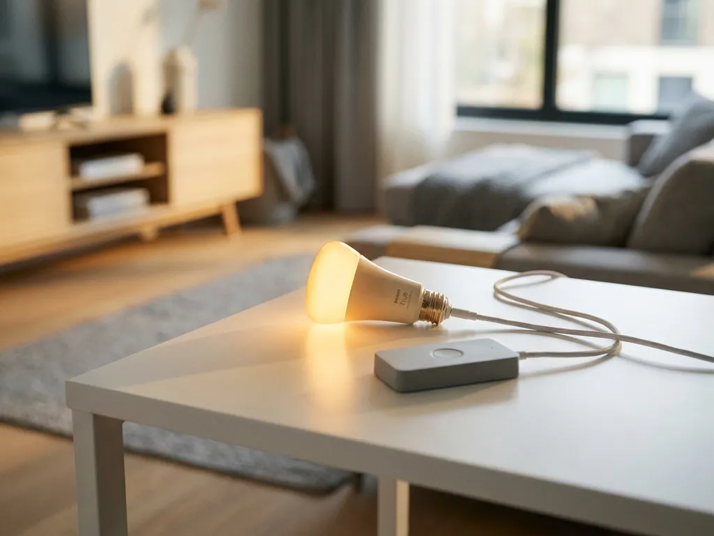 Philips Hue slimme lamp met warm ambergloed naast een Zigbee-controller op een wit bureau, verbonden door dunne kabels.