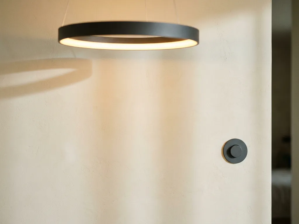 Moderne LED-plafondlamp met warm wit licht naast een draadloze dimmerschakelaar op een minimalistische muur.
