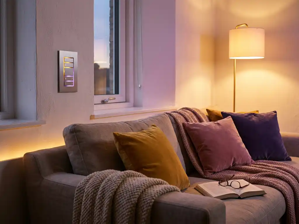 Gezellige woonkamerhoek met warm amber en zachte violette LED-verlichting, dimmer op witte muur, linnen bank met kussens en opengeslagen boek.