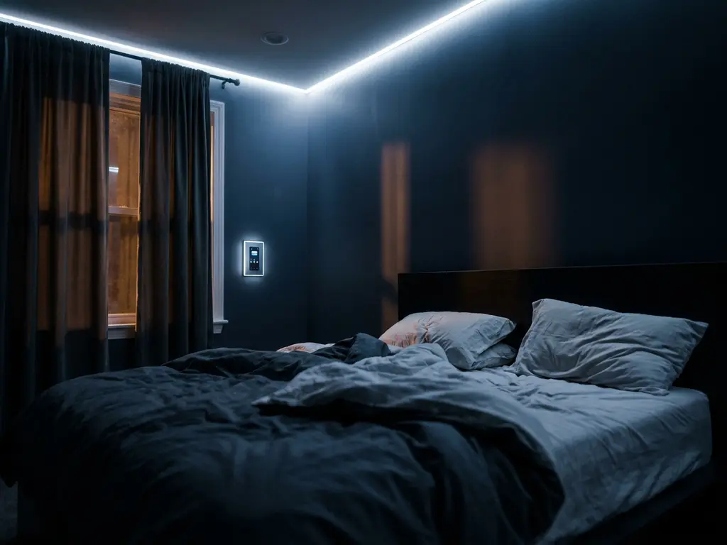 Onrustig opgemaakt bed verlicht door koud blauw-wit LED-strip licht, met slimme dimmer aan de muur en warme amber gloed bij het raam.