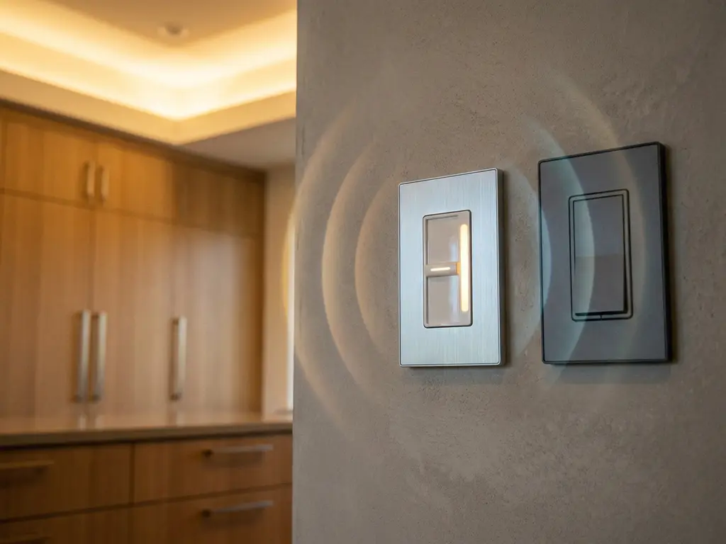 Slimme LED wanddimmer naast modern lichtschakelaar paneel in strakke interieur met warm sfeerverlichting van inbouwspots.