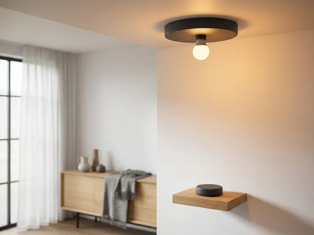 Dimbare warm-witte LED-lamp in modern plafondarmatuur met draadloze wandbediening in strak Nederlands interieur met lichte eiken accenten.