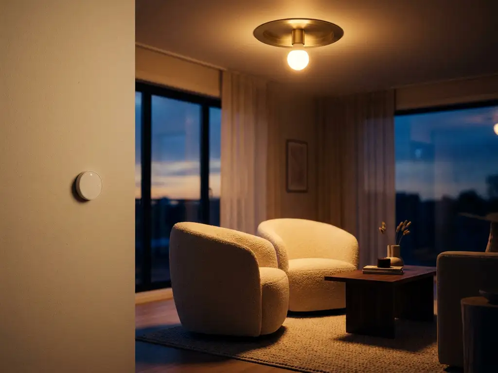 Gloeiende warm-witte LED-lamp in plafondarmatuur verlicht een moderne Nederlandse woonkamer in schemerlicht.