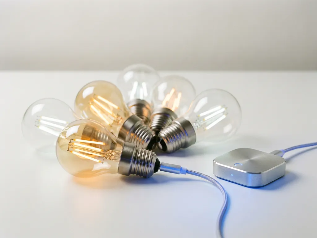 Cluster van moderne LED-lampen met gloeiende filamenten op wit oppervlak, verbonden met draadloze hub, warme en koele lichttonen.