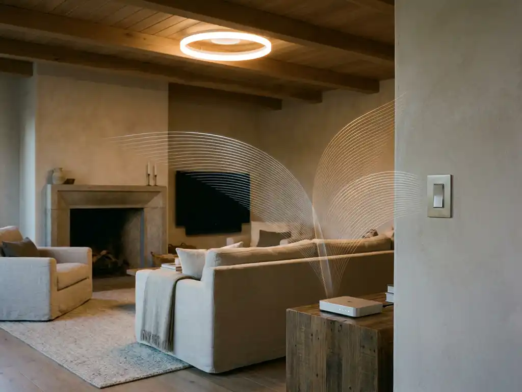 Slimme LED-plafondlamp met warm wit licht in moderne woonkamer, verbonden via wifi-router en slimme schakelaar.