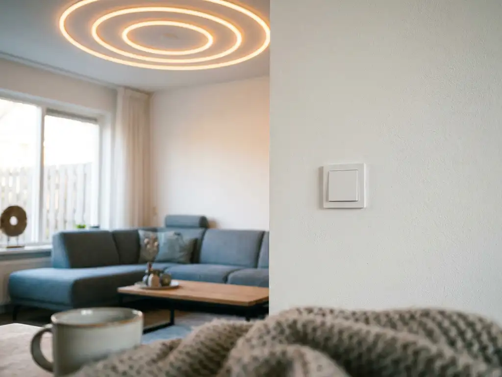 Zigbee draadloze dimmer op witte muur in moderne woonkamer met warm verlichte LED-plafondverlichting.