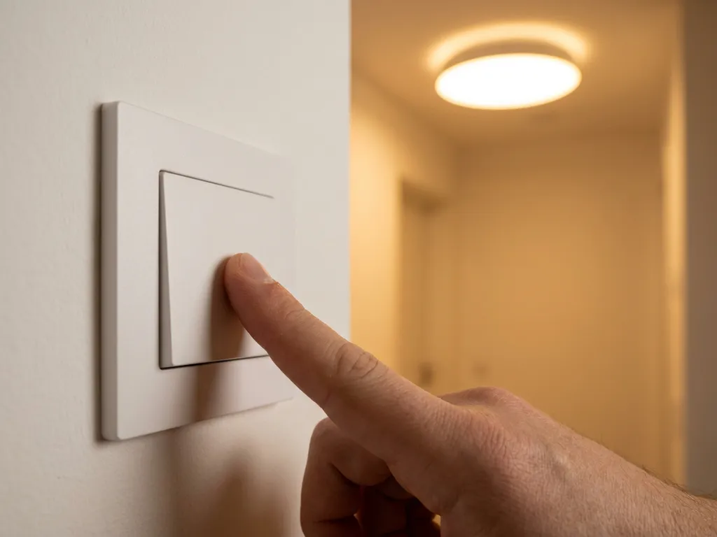 Witte Zigbee slimme wandschakelaar gemonteerd in een inbouwdoos, met zachte warme LED-verlichting op de achtergrond.