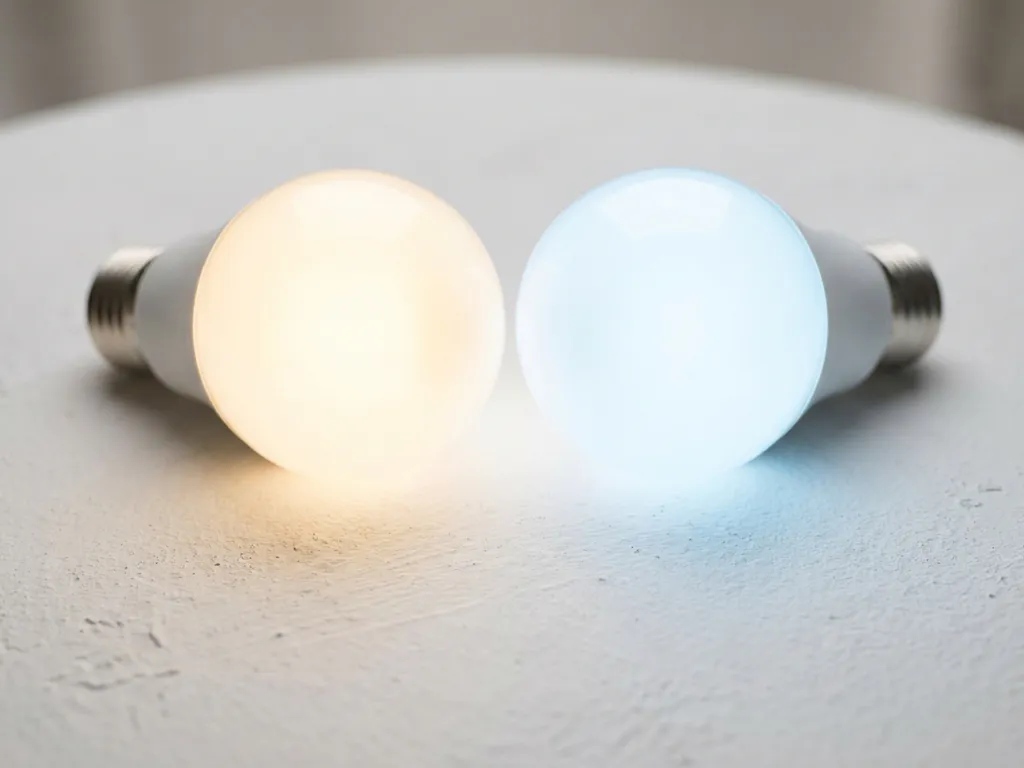 Twee identieke LED-lampen naast elkaar, één met warm-wit licht en één met koel-wit licht op een wit oppervlak.