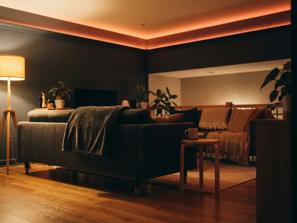 Moderne woonkamerhoek met dimbare LED-strip langs het plafond, warme amber gloed op houten vloer en minimalistische bank.