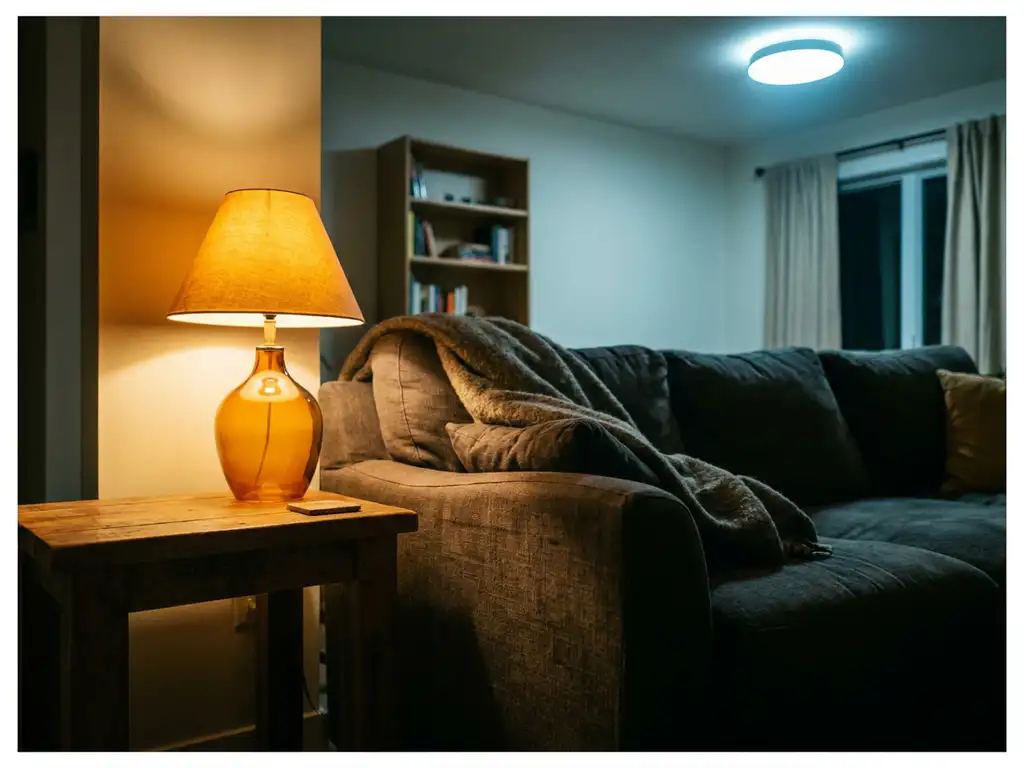 Linnen bank in woonkamer met contrast tussen warm amber tafellamp en koel plafondlicht, zachte schaduwen op textuur.