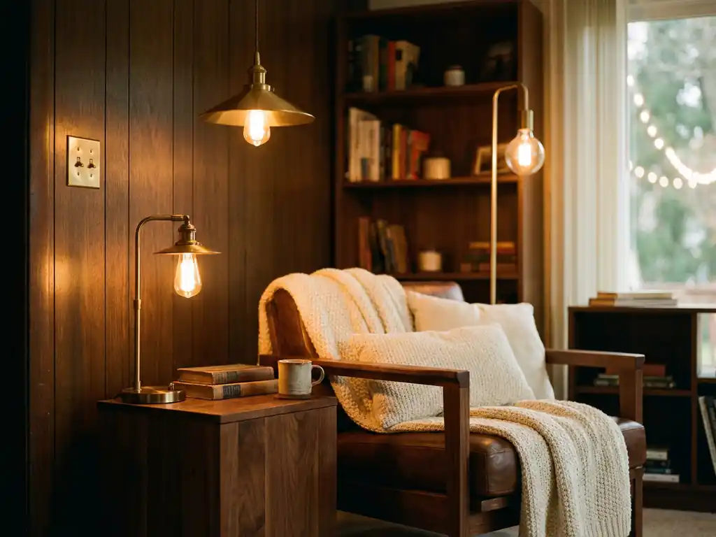 Warme woonkamerhoek met Edison LED-lampen in verschillende armaturen, dimmer aan de muur, walnoothouten meubels in amberkleurig licht.