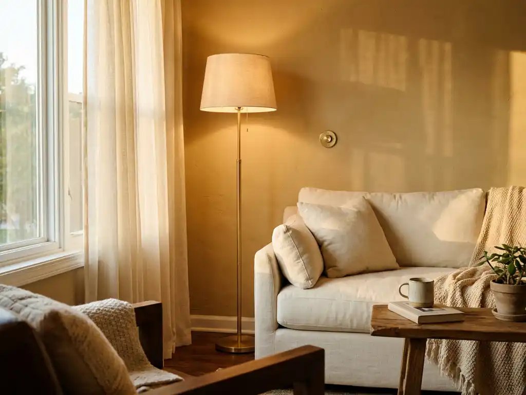 Moderne vloerlamp met warme sfeerverlichting naast linnen bank in woonkamer, dimmer zichtbaar op muur, gouden avondlicht door gordijnen.