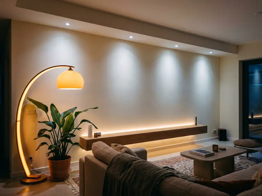 Moderne woonkamer met gelaagde verlichting: vloerlamp, inbouwspots en LED-stripverlichting onder zwevende plank, warme en koele tinten op crèmewitte muren.