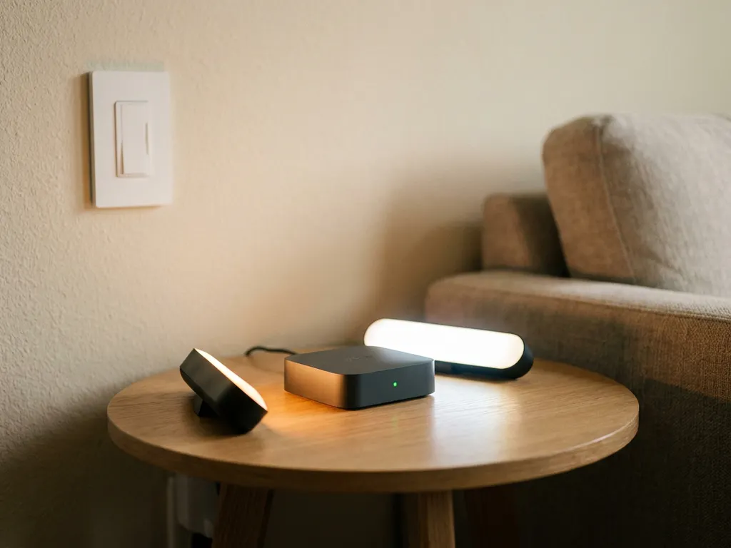 Compacte Zigbee smart hub op een bijzettafel, omringd door gloeiende LED-armaturen en een draadloze wanddimmer in een moderne woonkamer.