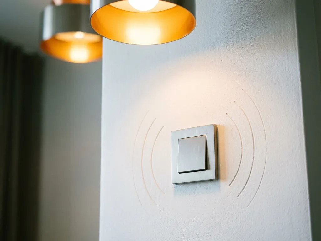 ZigBee wandschakelaar op witte muur met warm LED-plafondlicht en subtiele draadloze signaaltextuur in het pleisterwerk.