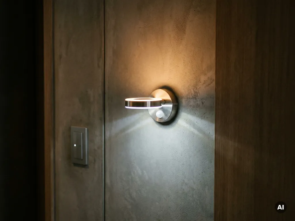 Bewegingssensor lamp die continu brandt in een moderne gang met grijze muren, met een kleine schakelaar in het wandpaneel.