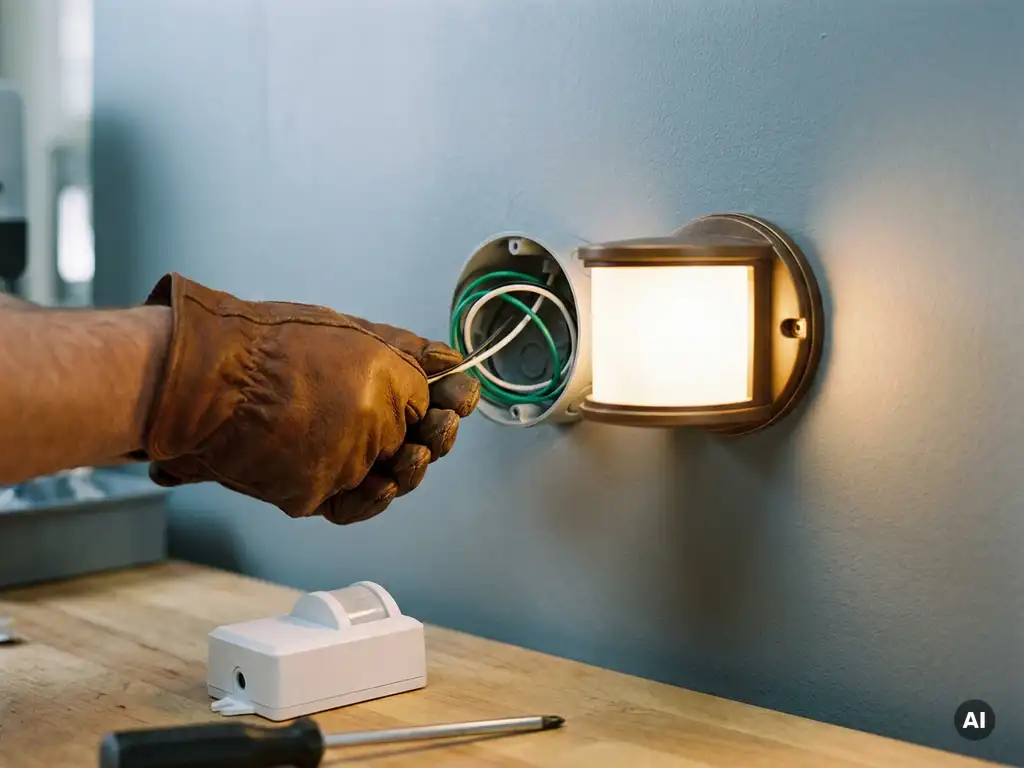 Elektricien met handschoenen sluit bewegingssensor lamp aan op wandcontactdoos, draden netjes georganiseerd, warm amber licht.