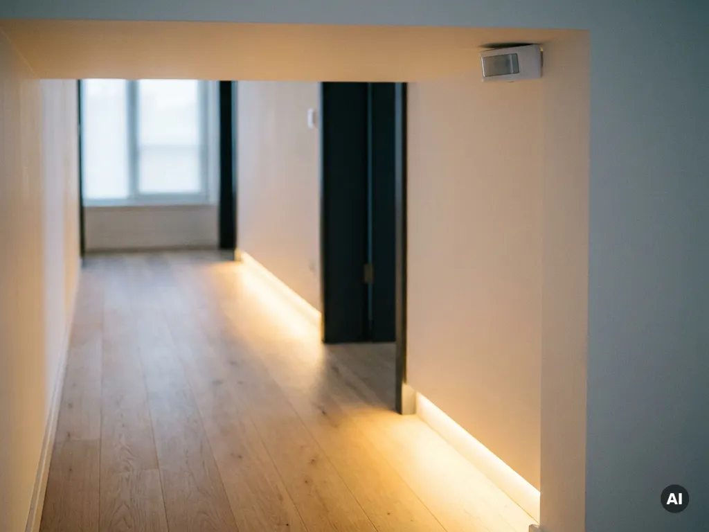 Witte bewegingssensor in plafondhoek van moderne hal activeert LED-strip, warme gouden gloed over lichte eiken vloer.