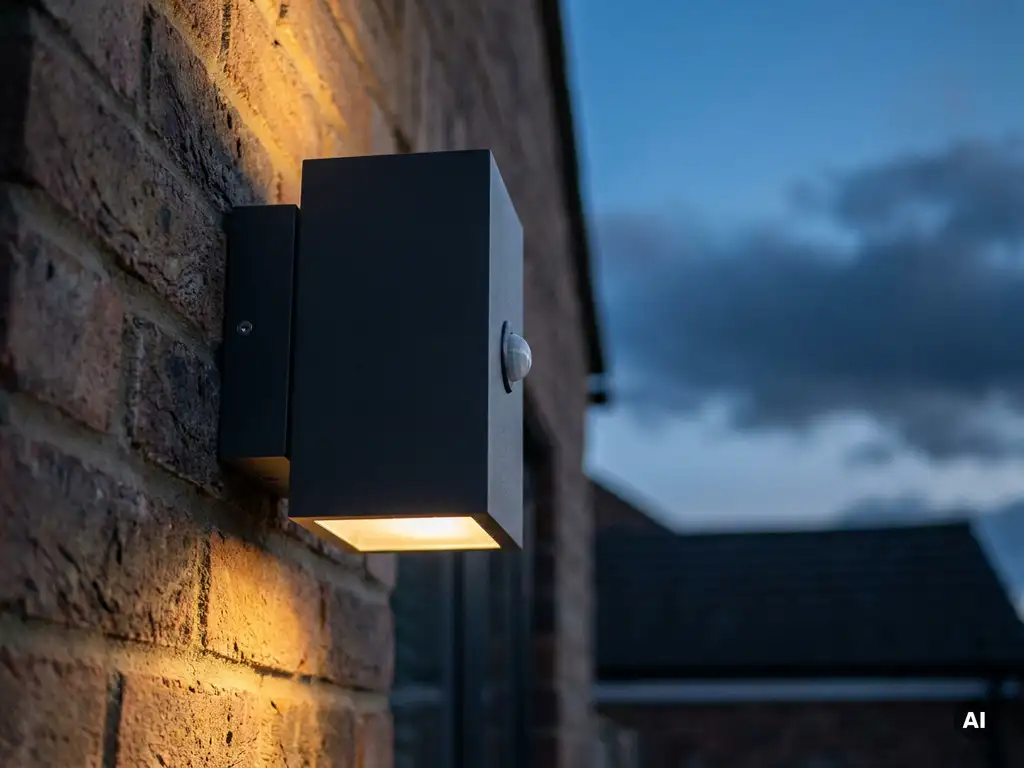 Moderne buitenlantaarn met schemersensor die automatisch aanschakelt bij avondschemering, warm amberkleurig licht op bakstenen gevel.