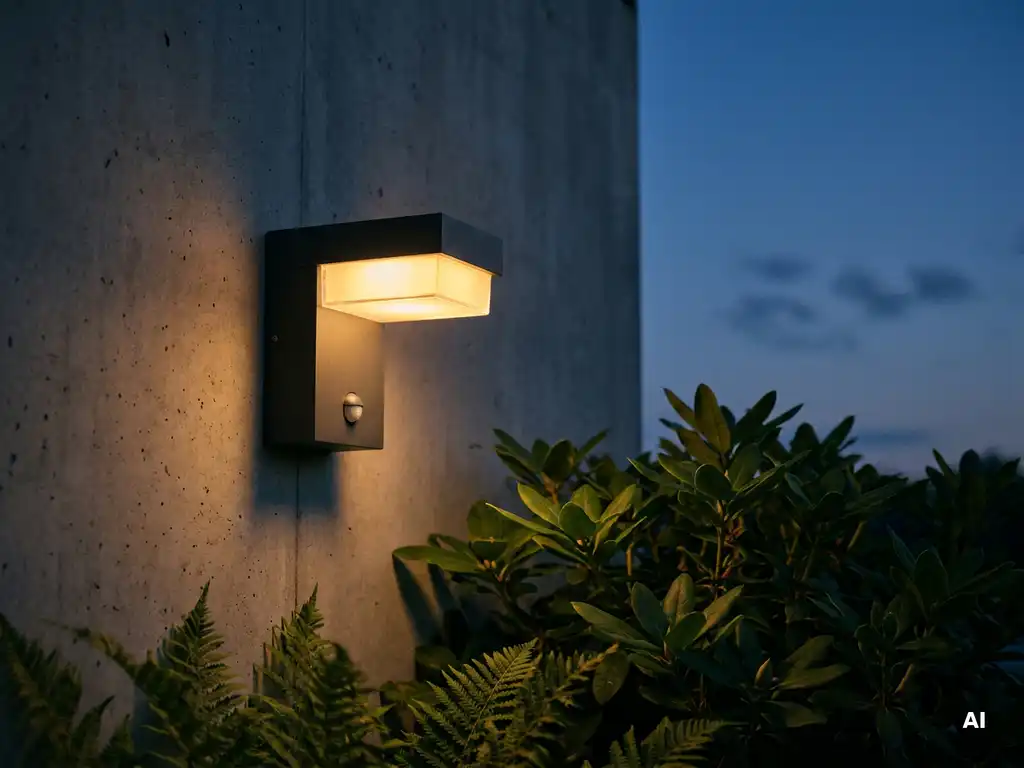 Moderne buitenwandlamp met warm amberkleurig licht en schemersensor tegen een blauwe avondlucht, met verlichte tuinstruiken.
