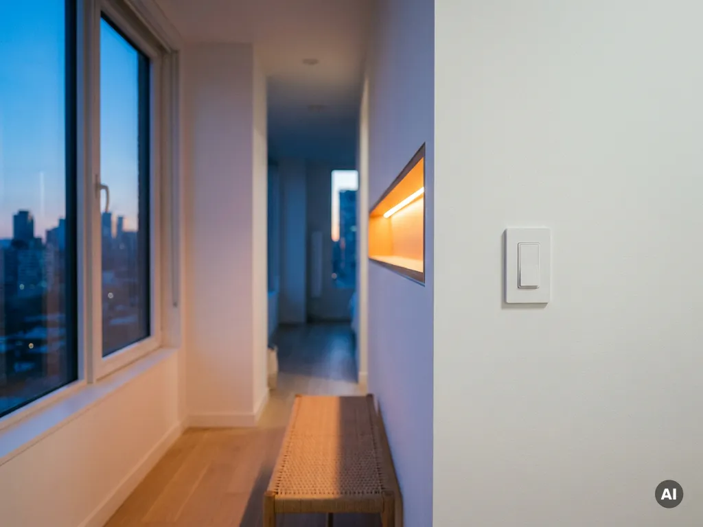 Draadloze schemerschakelaar op witte muur in Scandinavisch interieur met automatisch activerende LED-verlichting bij schemerlicht.