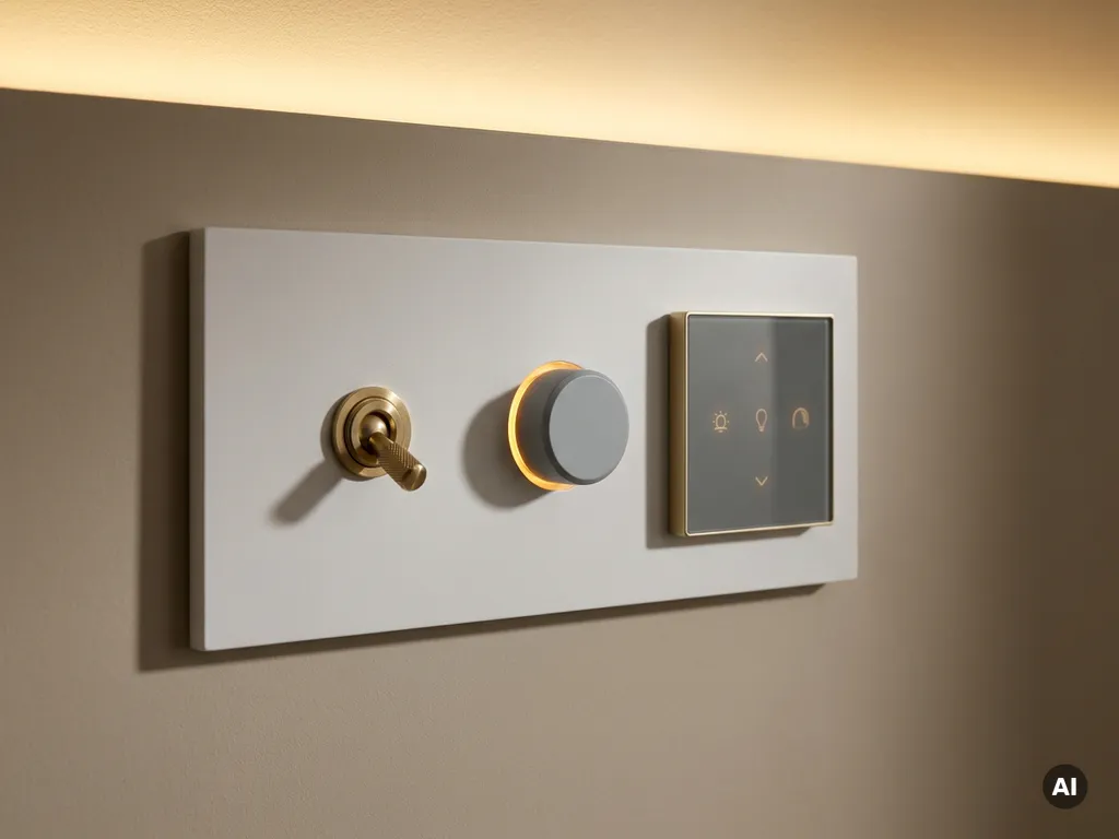 Moderne wandpaneel met toggle-, dimmer- en smart touch-lichtschakelaars naast elkaar in een strak wit interieur.