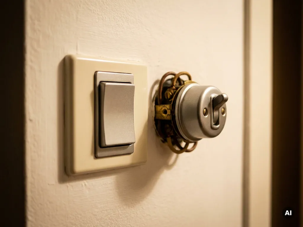 Twee wandlichtschakelaars op witte muur: enkelvoudige wipschakelaar en tweeweg-tuimelschakelaar met zichtbare bedrading, warm omgevingslicht.