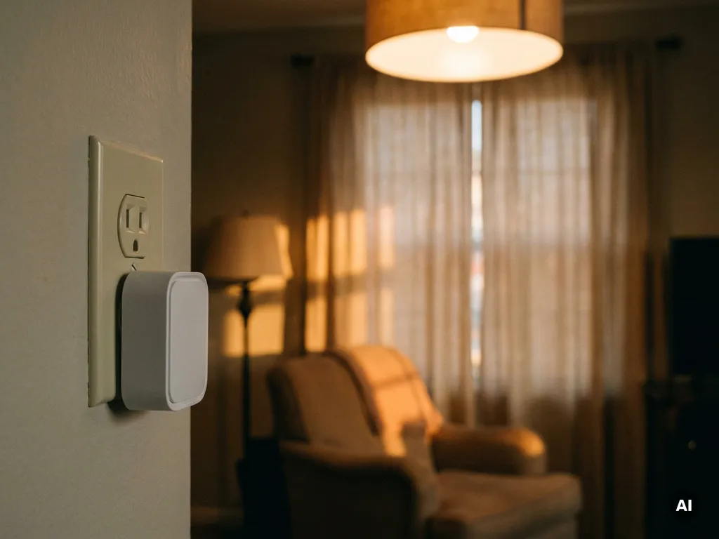 Draadloze schemerschakelaar op stopcontact in huurappartement, plafondlamp schakelt automatisch bij invallend avondlicht.