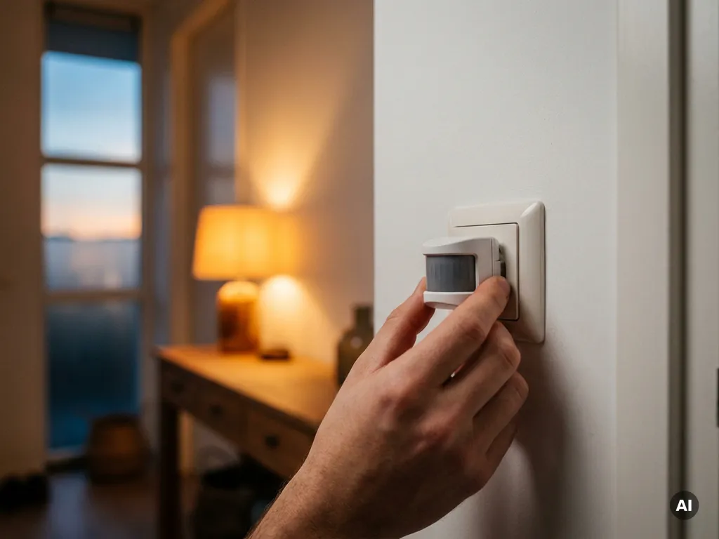 Schemerschakelaar die zonder gereedschap op een stopcontact wordt geklikt, warme lamp op de achtergrond in Nederlandse hal.