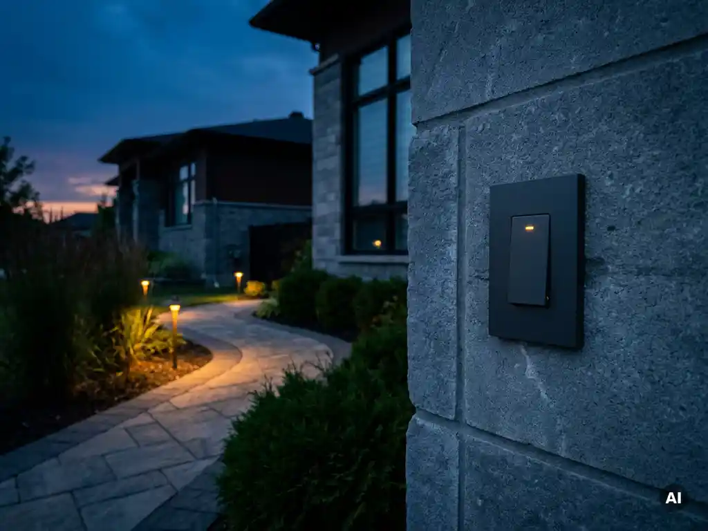 Schemerschakelaar op grijze buitenmuur activeert warme amberkleurige tuinverlichting langs verzorgd pad bij moderne Nederlandse woning in de schemering.