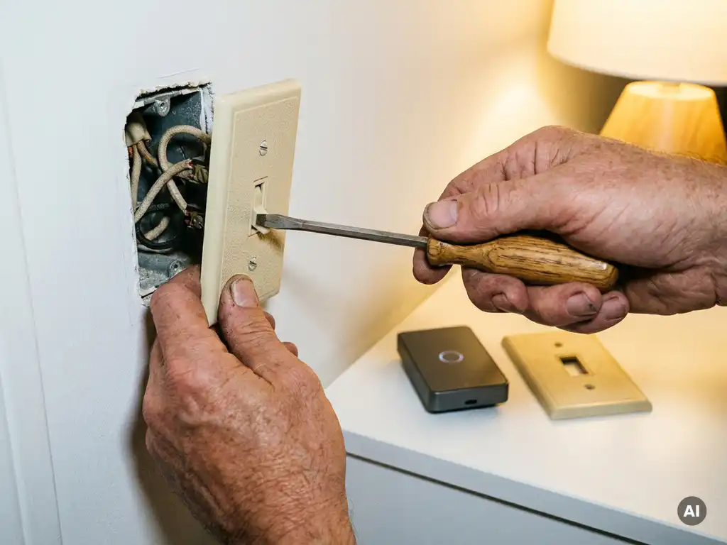 Verweerde handen verwijderen een lichtschakelaarplaat met schroevendraaier, zichtbare bedrading en slimme schakelaar op witte ondergrond.